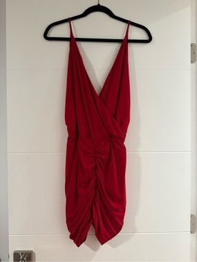 Retrofete Red Ruched V-Neck Mini Dress